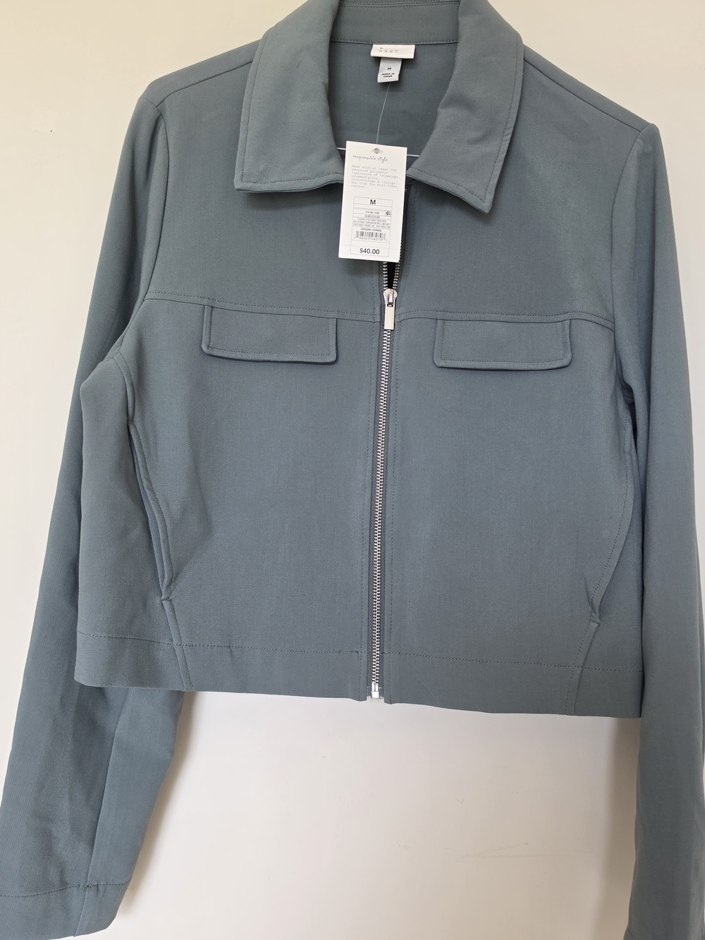 a new day Dusty Sage Zip-Front Cropped Jean Jacket